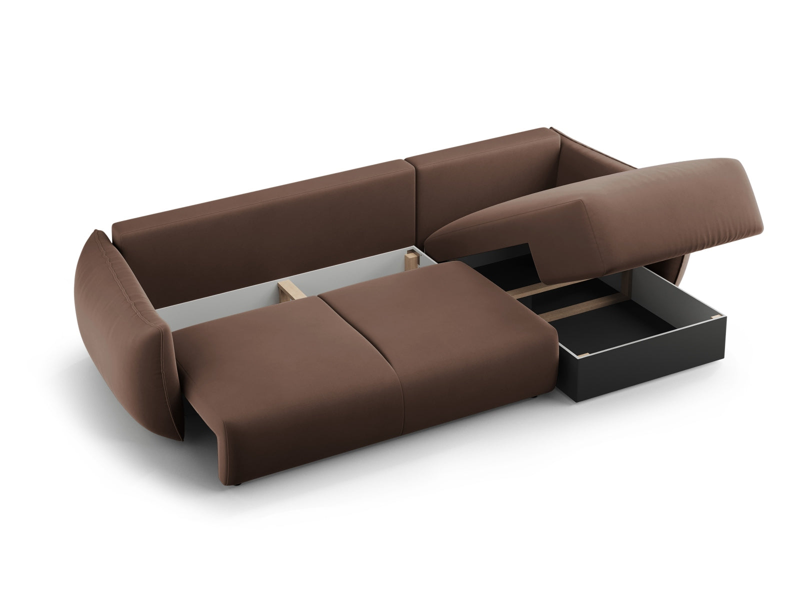 Stylisches 4-Sitzer Ecksofa links Matera in elegantem Braun, kombiniert Komfort mit einer Schlaffunktion und cleverem Stauraum.