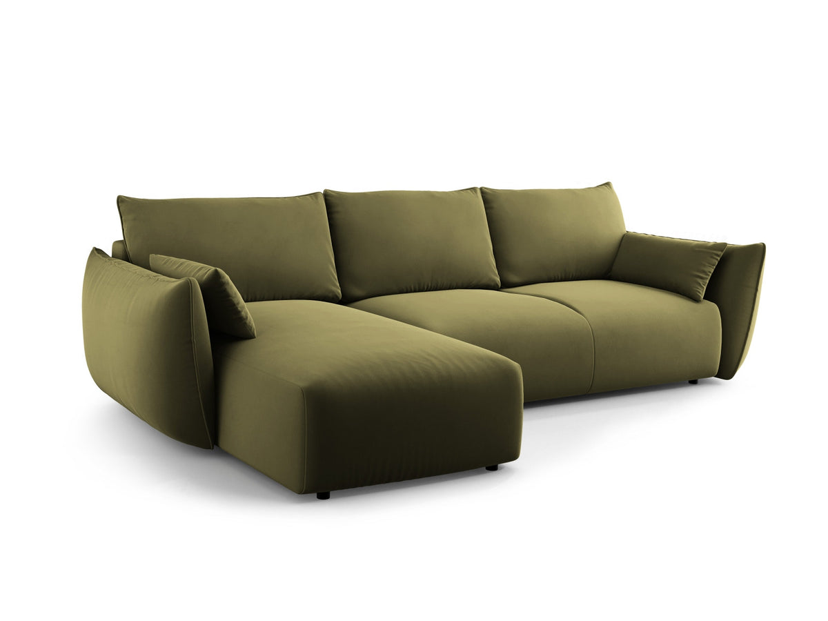 Ecksofa Matera links mit Bettkasten, Stoffbezug Salvador, Récamière und schwarze Beine