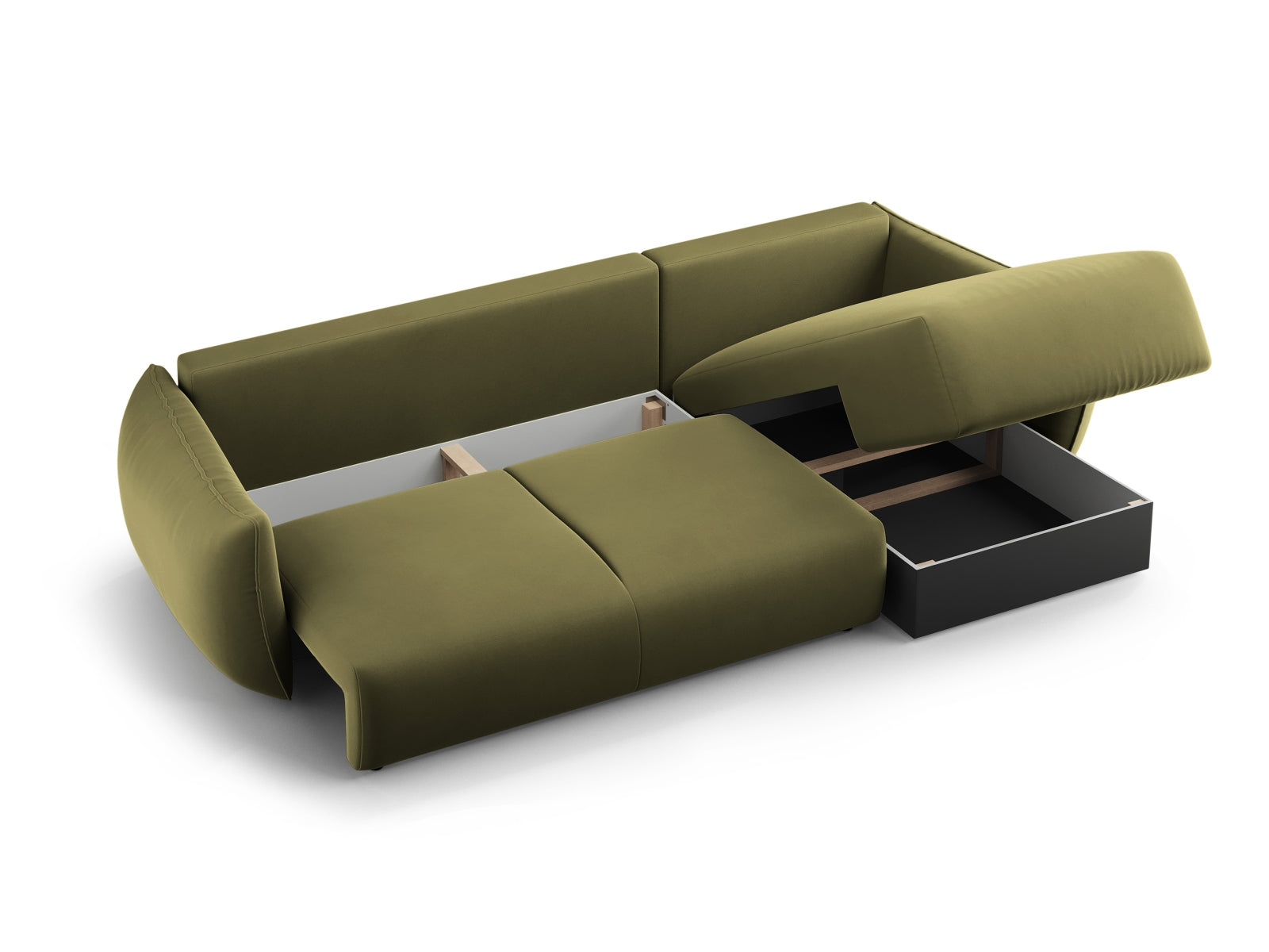 Modernes 4-Sitzer Ecksofa links Matera in elegantem Grün, ideal für Wohnräume mit Schlaffunktion und zusätzlichem Stauraum.