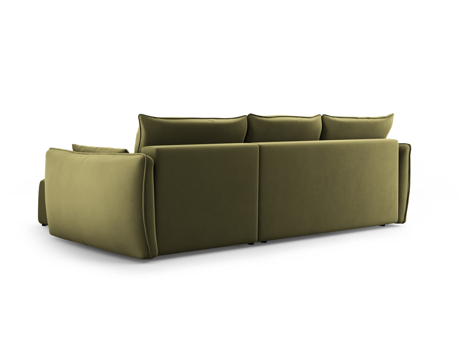 Modernes 4-Sitzer Ecksofa links Matera in elegantem Grün, ideal für entspannte Stunden und ausgestattet mit Schlaffunktion und Stauraum.