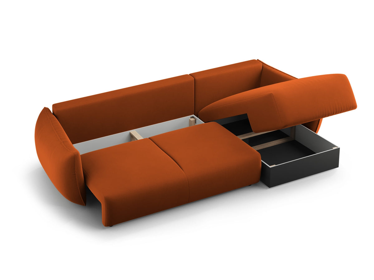 Ecksofa Matera links mit Bettkasten, Stoffbezug Salvador, Récamière und schwarze Beine