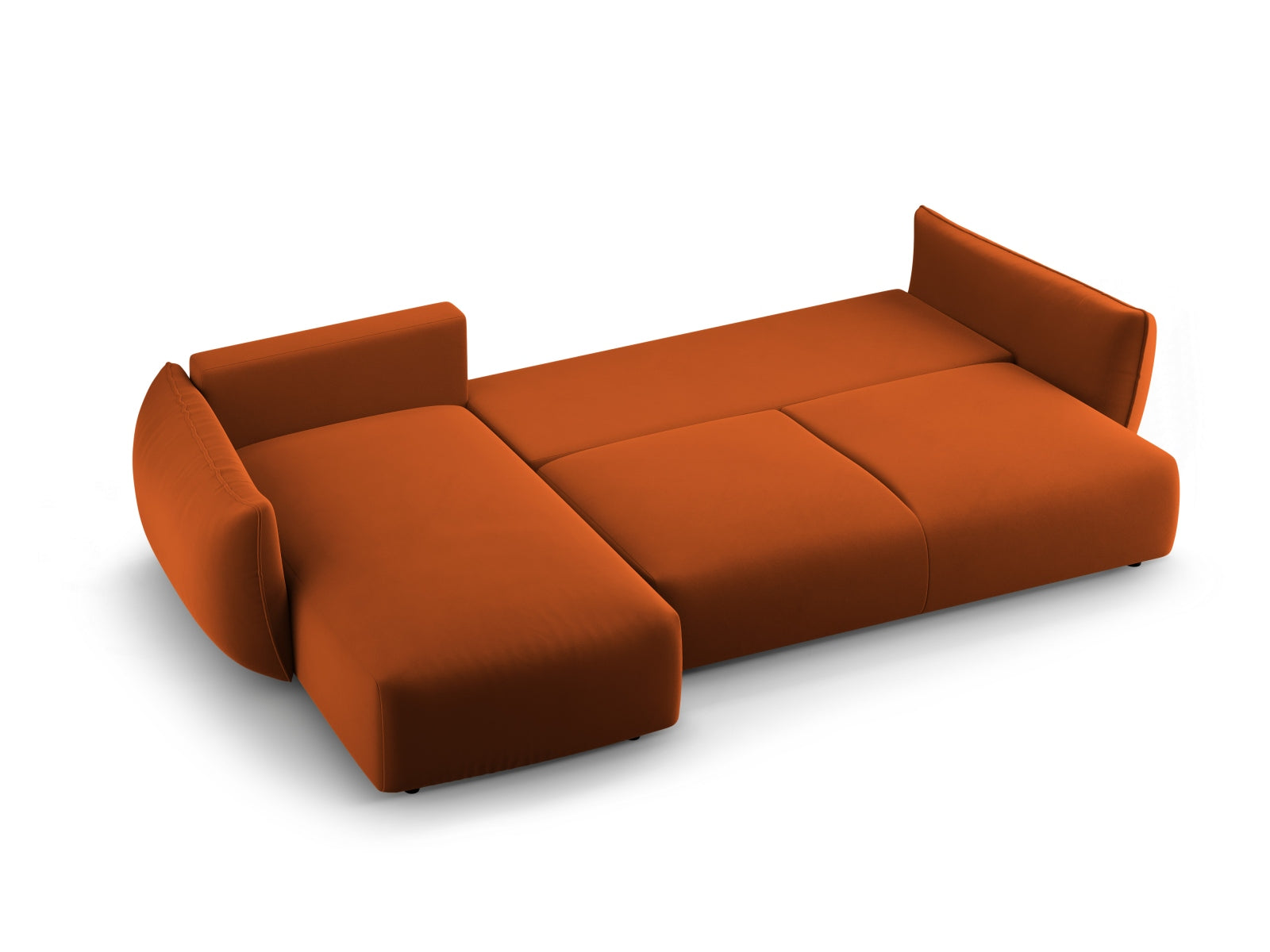 Elegantes 4-Sitzer Ecksofa links in warmem Terracotta, perfekt für entspannte Stunden, mit cleverem Stauraum und komfortabler Schlaffunktion.