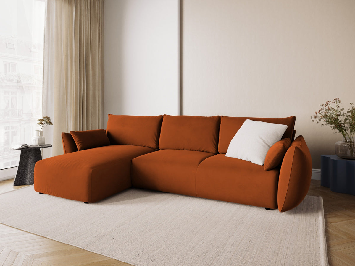 Ecksofa Matera links mit Bettkasten, Stoffbezug Salvador, Récamière und schwarze Beine