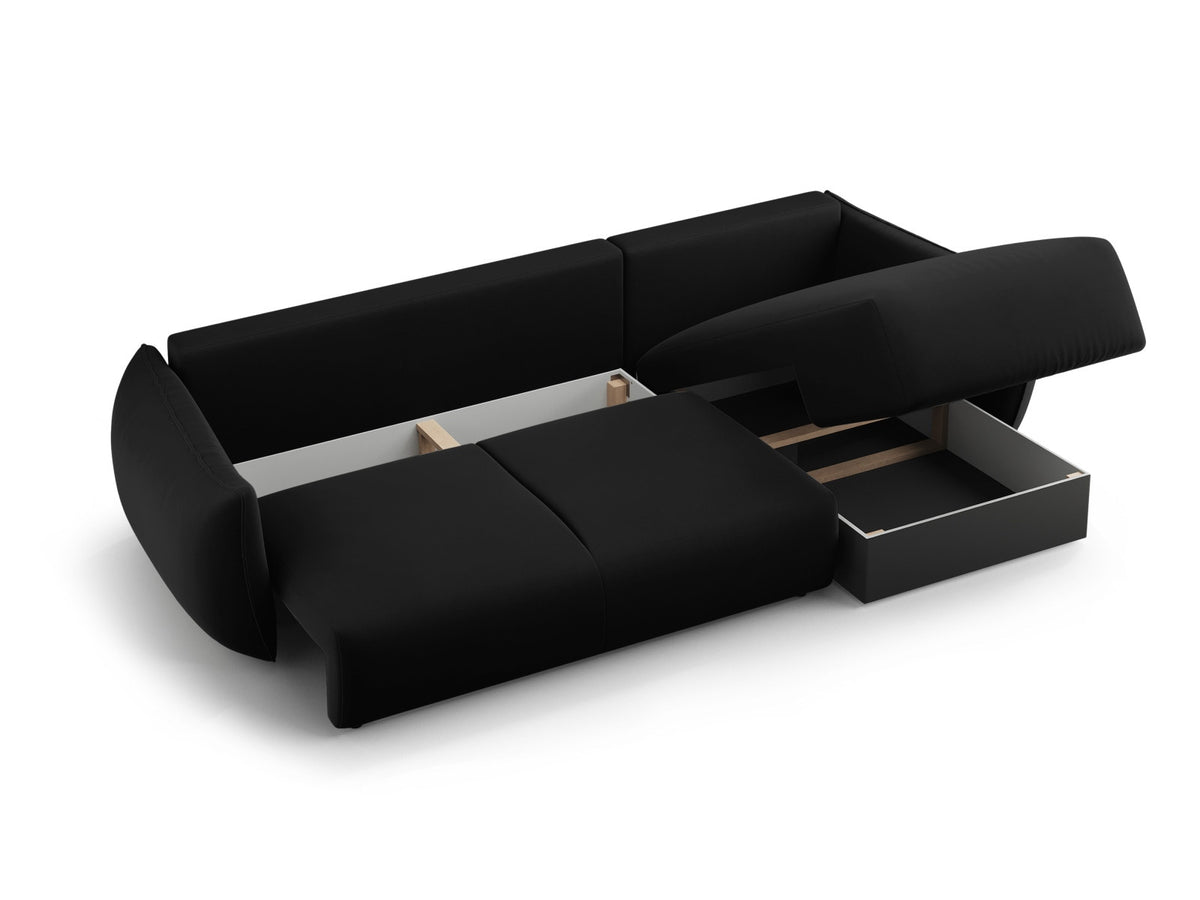 Ecksofa Matera links mit Bettkasten, Stoffbezug Salvador, Récamière und schwarze Beine