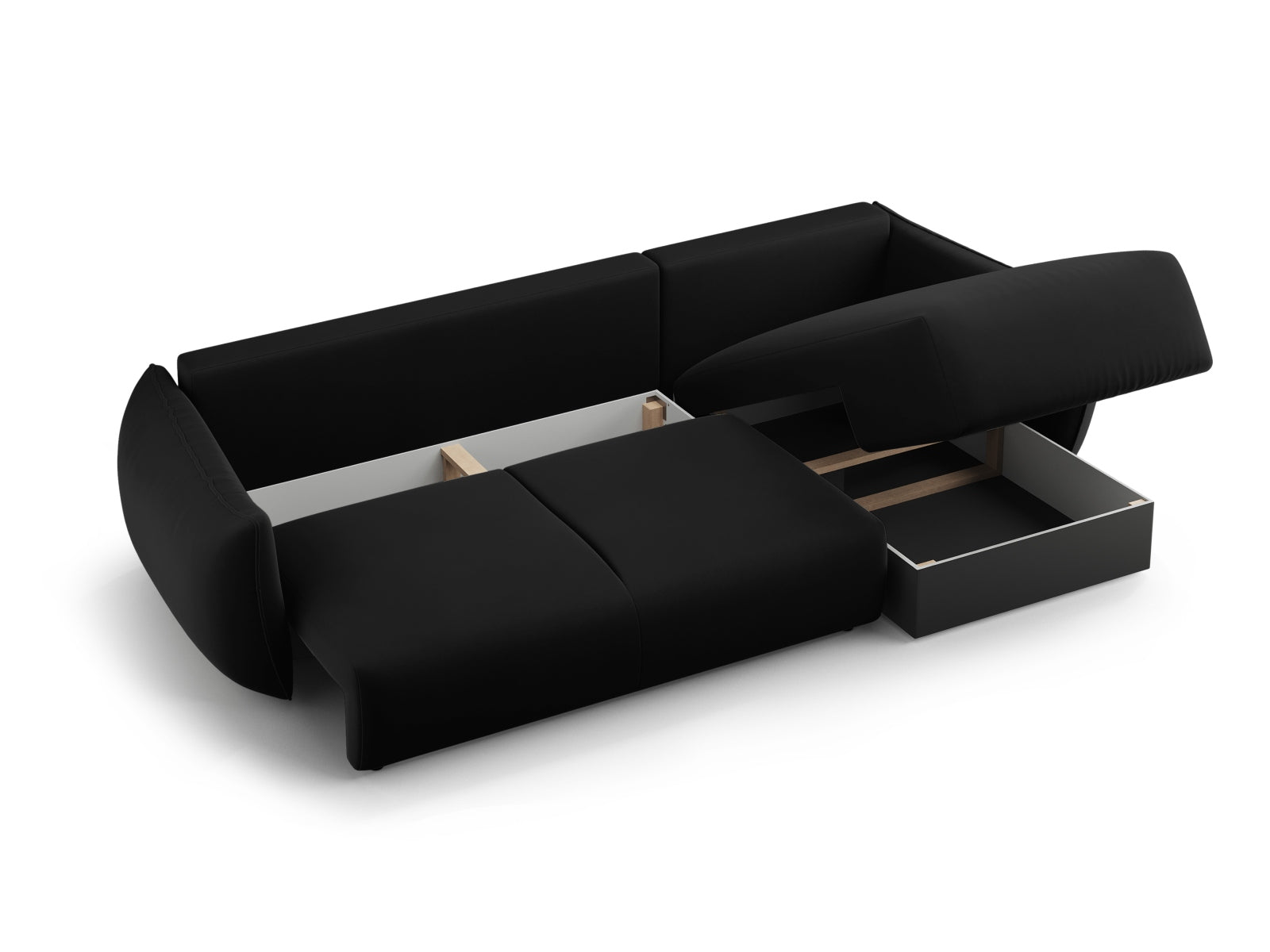 Stylisches 4-Sitzer Ecksofa links Matera in zeitlosem Schwarz, ideal für entspannte Abende und Übernachtungsgäste mit zusätzlichem Stauraum.