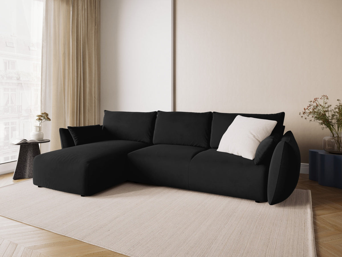 Ecksofa Matera links mit Bettkasten, Stoffbezug Salvador, Récamière und schwarze Beine