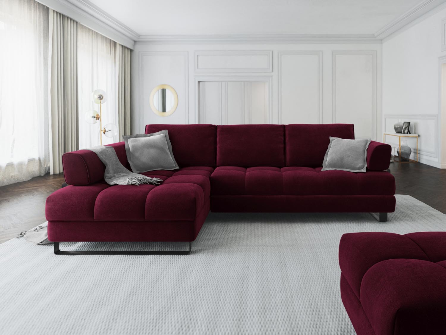 Erleben Sie das Clinton Velour Ecksofa von Cosmopolitan Design: stilvolles 5-Sitzer Sofa mit cleverer Schlaffunktion und viel Stauraum für Ihr Zuhause!