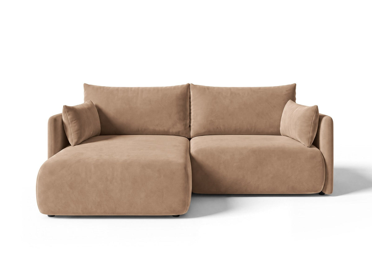 Monaco Ecksofa links mit Bettfunktion, Bluvel-Stoff, schwarze Beine, Récamière links