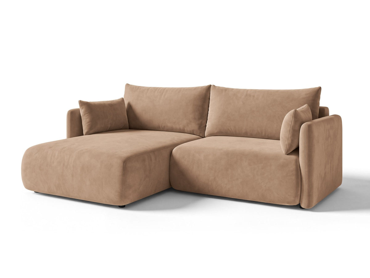 Monaco Ecksofa links mit Bettfunktion, Bluvel-Stoff, schwarze Beine, Récamière links