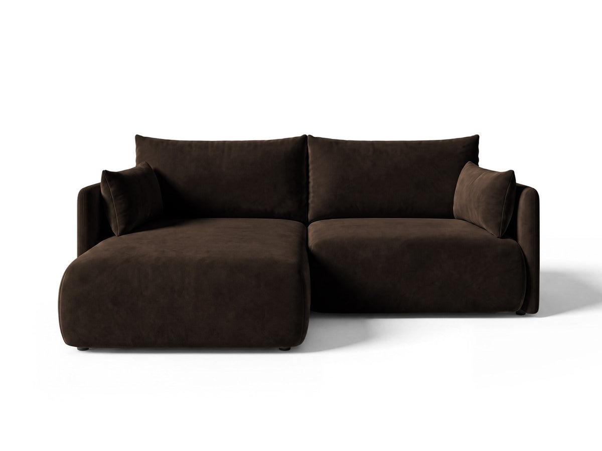 Monaco Ecksofa links mit Bettfunktion, Bluvel-Stoff, schwarze Beine, Récamière links