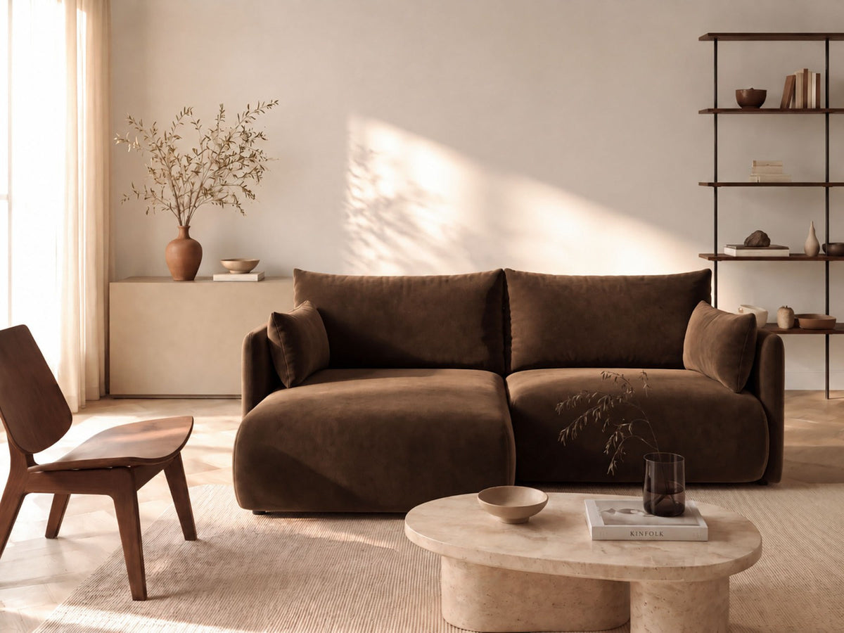 Monaco Ecksofa links mit Bettfunktion, Bluvel-Stoff, schwarze Beine, Récamière links