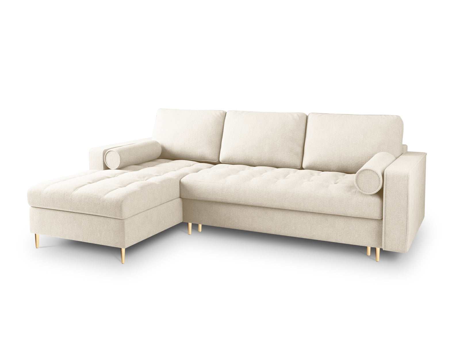 Modernes 5-Sitzer Ecksofa links Aspen in sanftem Beige, perfekt für stilvolle Wohnräume, bietet Schlaffunktion und cleveren Stauraum.