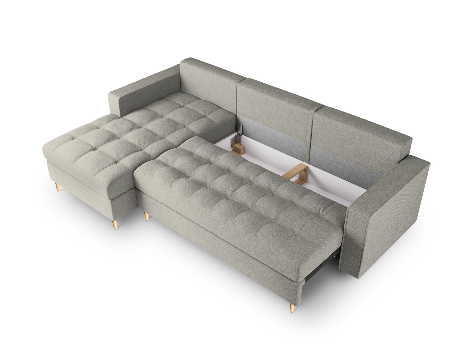 Stylisches 5-Sitzer Ecksofa links Aspen in elegantem Grau, perfekt für entspannte Stunden, mit cleverem Stauraum und komfortabler Schlaffunktion.