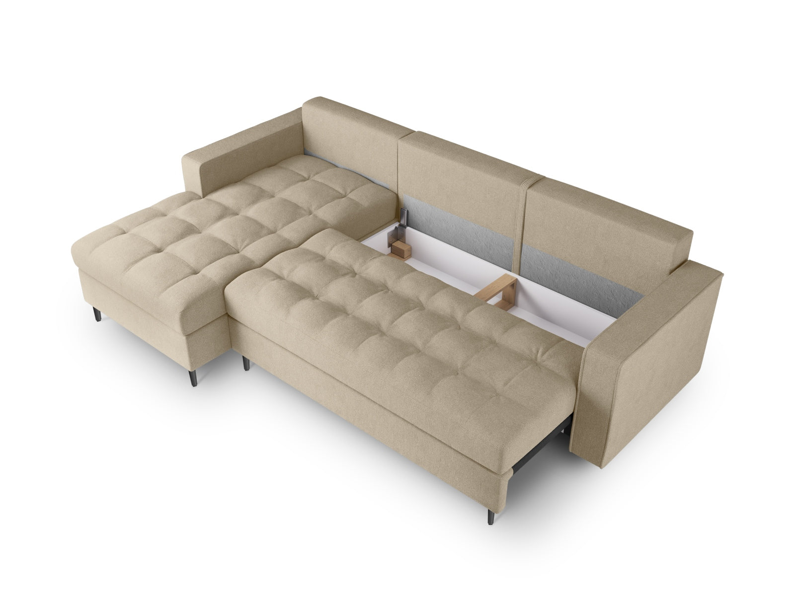 Beige 5-Sitzer Ecksofa Aspen von Cosmopolitan Design, linksseitig, mit praktischer Schlaffunktion und integriertem Stauraum für mehr Flexibilität.