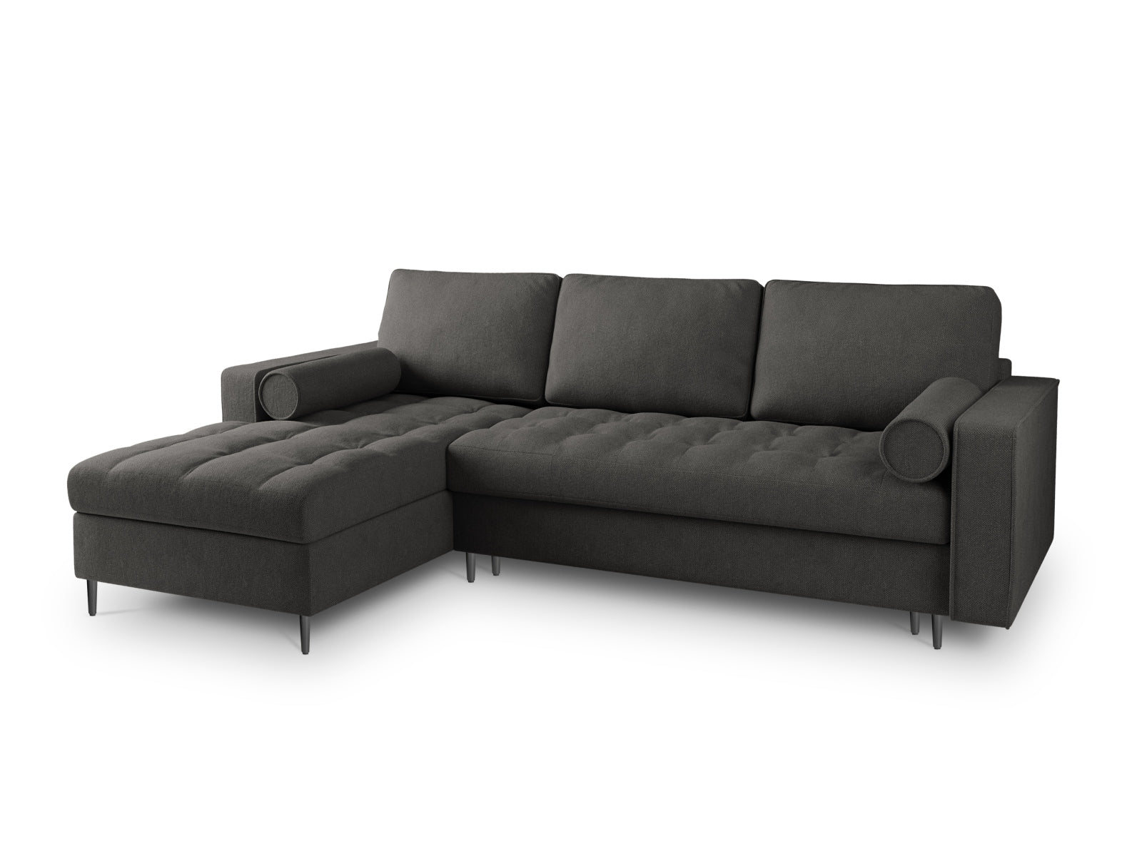 Elegantes 5-Sitzer Ecksofa links Aspen in Dunkelgrau, kombiniert Komfort mit Funktionalität, ideal für entspannte Abende und Übernachtungsgäste.