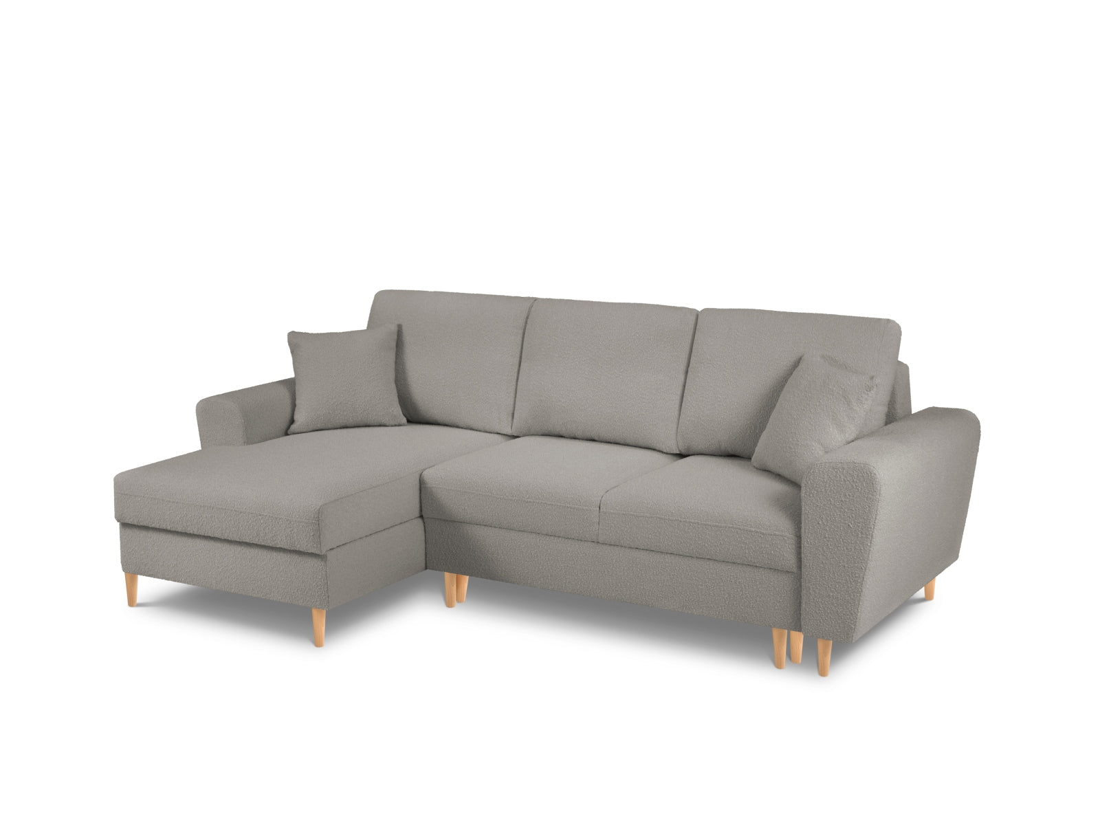 Elegantes Kyoto Boucle Ecksofa links in Grau, 4-Sitzer mit praktischer Schlaffunktion und Stauraum, perfekt für stilvolle Wohnzimmer.