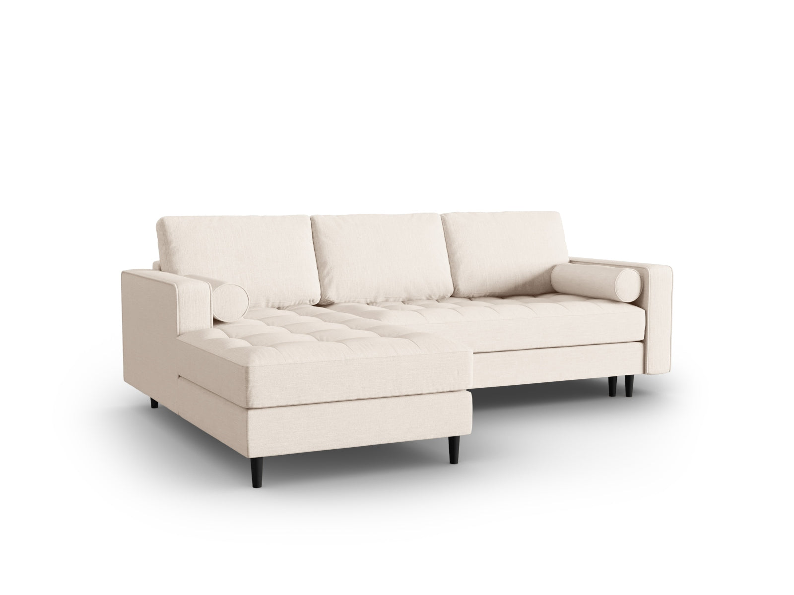 Stylisches 5-Sitzer Ecksofa links mit praktischer Bettfunktion und Stauraum, Modell Aspen in elegantem Light Beige-Melva.