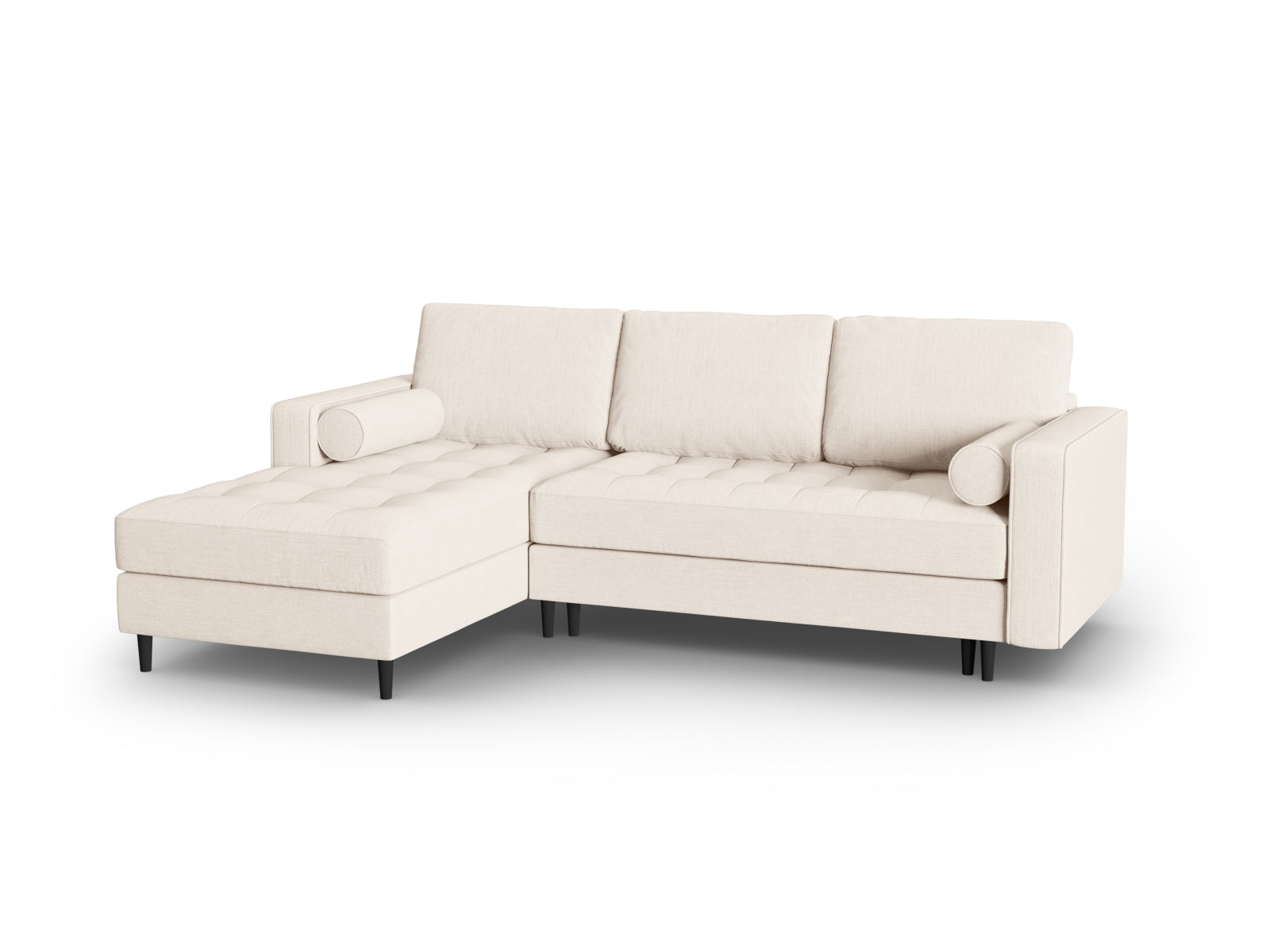 Modernes 5-Sitzer Ecksofa links mit komfortabler Schlafgelegenheit und integriertem Stauraum, Modell Aspen in stilvollem Light Beige-Melva.