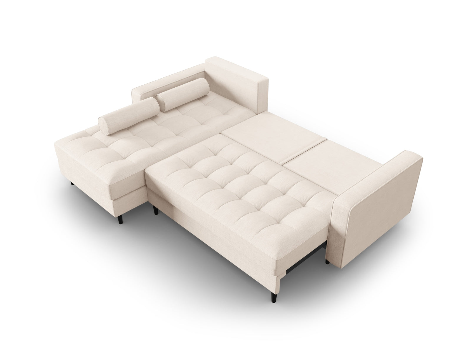 Modernes 5-Sitzer Ecksofa links mit Schlafoption und Stauraum, Modell Aspen in stilvollem hellbeige, ideal für jedes Wohnzimmer.