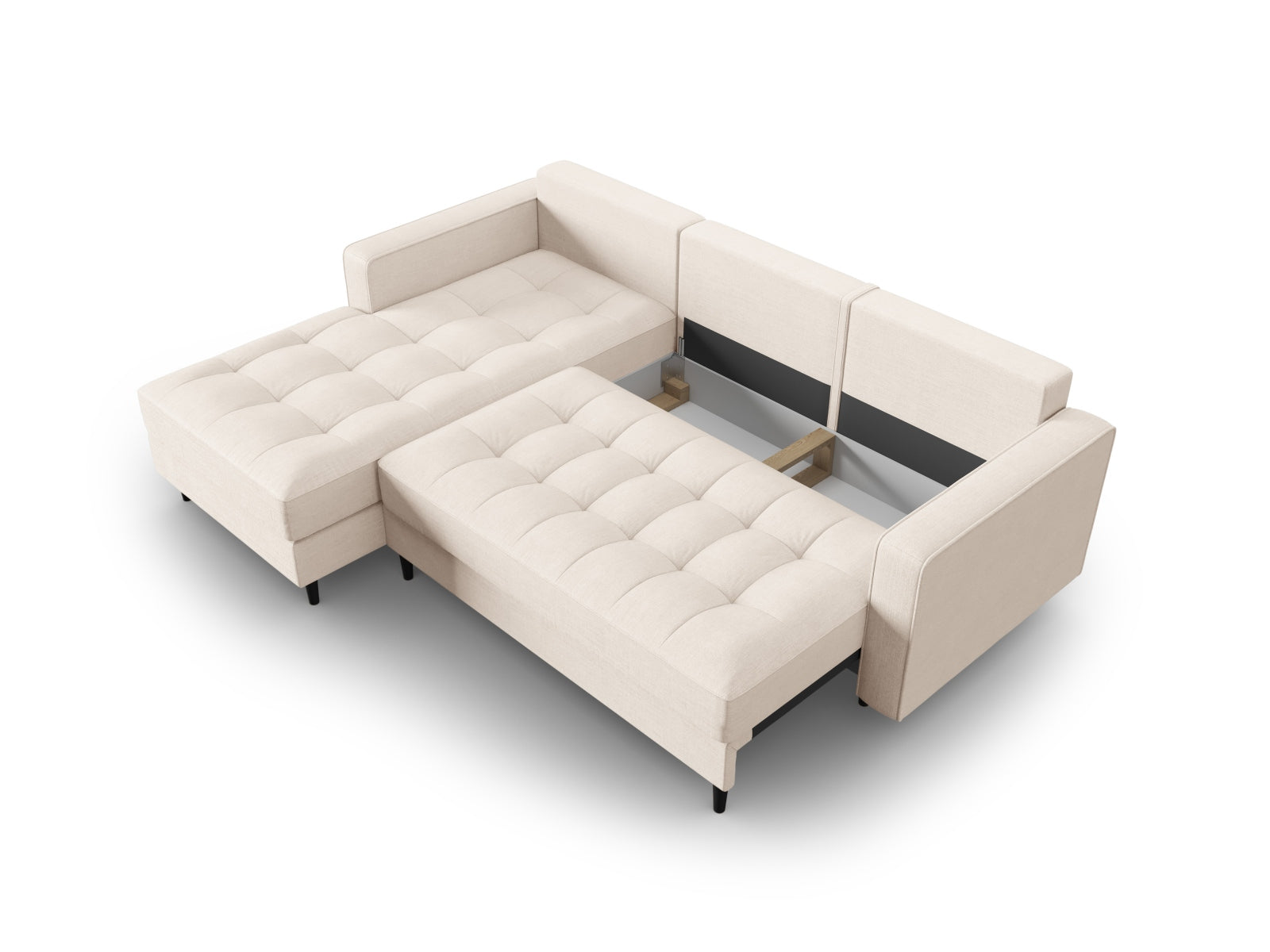 Elegantes 5-Sitzer Ecksofa links mit praktischer Bettfunktion und Stauraum, Modell Aspen in sanftem Beige, perfekt für gemütliche Wohnräume.