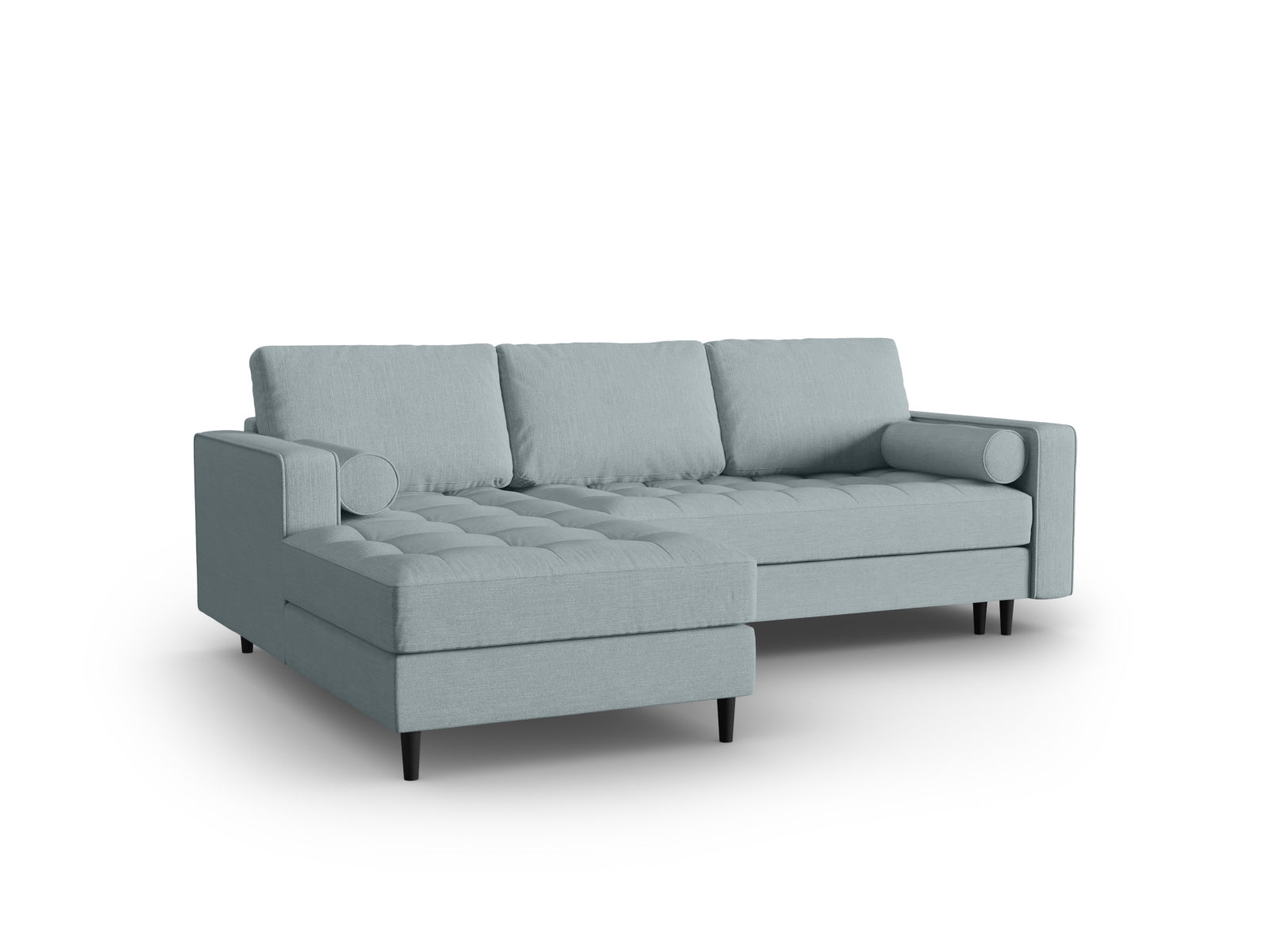 Elegantes 5-Sitzer Ecksofa links Aspen in Blue-Melva, ideal für Wohnräume, mit praktischer Schlaffunktion und Stauraum.