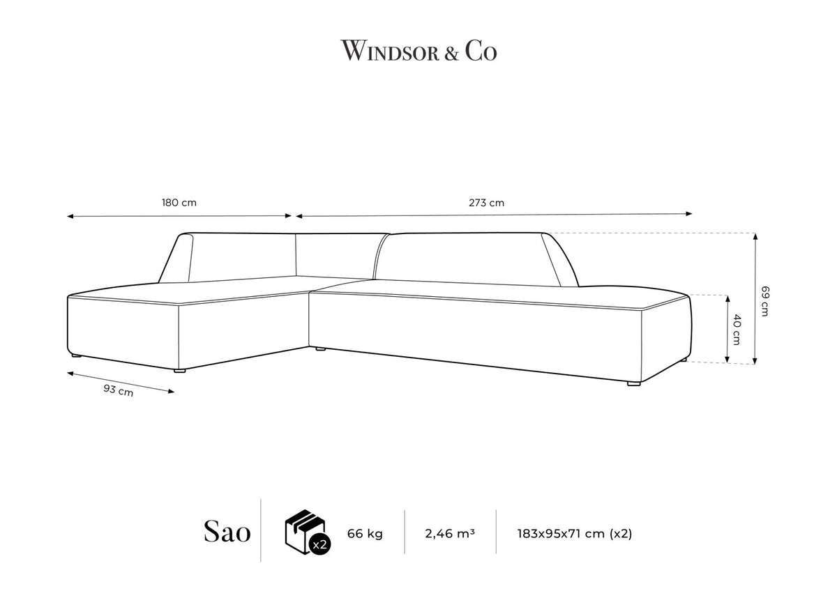 Modulares Ecksofa Siena links, 4-Sitzer, Light Beige-Scala Stoff, Massivholzrahmen, schwarze Kunststoffbeine, Sitzhöhe 40 cm.