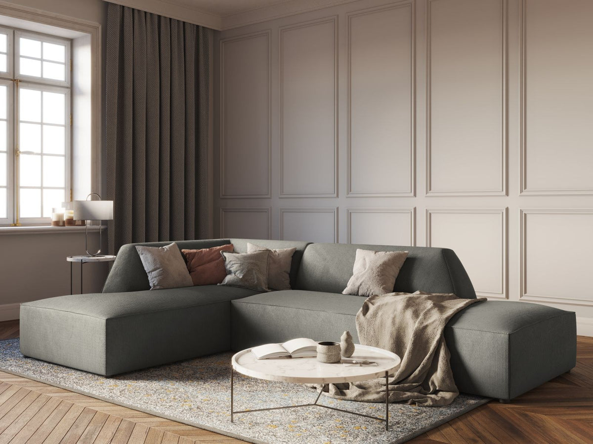Modulares Ecksofa Siena links, 4-Sitzer, Light Beige-Scala Stoff, Massivholzrahmen, schwarze Kunststoffbeine, Sitzhöhe 40 cm.
