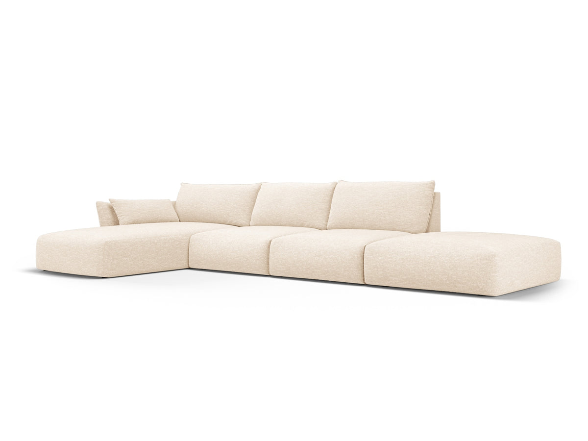 Ecksofa links Matera in Beige mit Récamière und niedrigen schwarzen Beinen