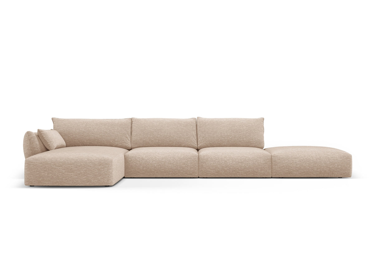Ecksofa links Matera in Beige mit Récamière und niedrigen schwarzen Beinen