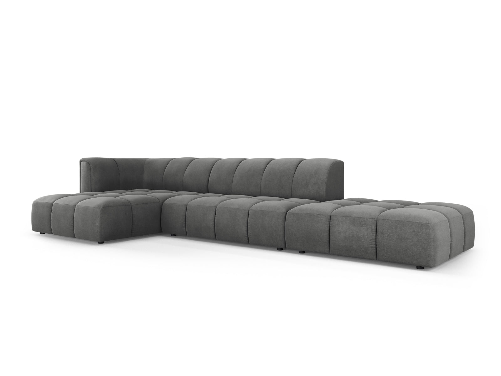 Modulares 5-Sitzer Ecksofa Moritz in edlem Dunkelgrau, linksseitig, ideal für stilvolle Wohnräume und entspannte Abende.