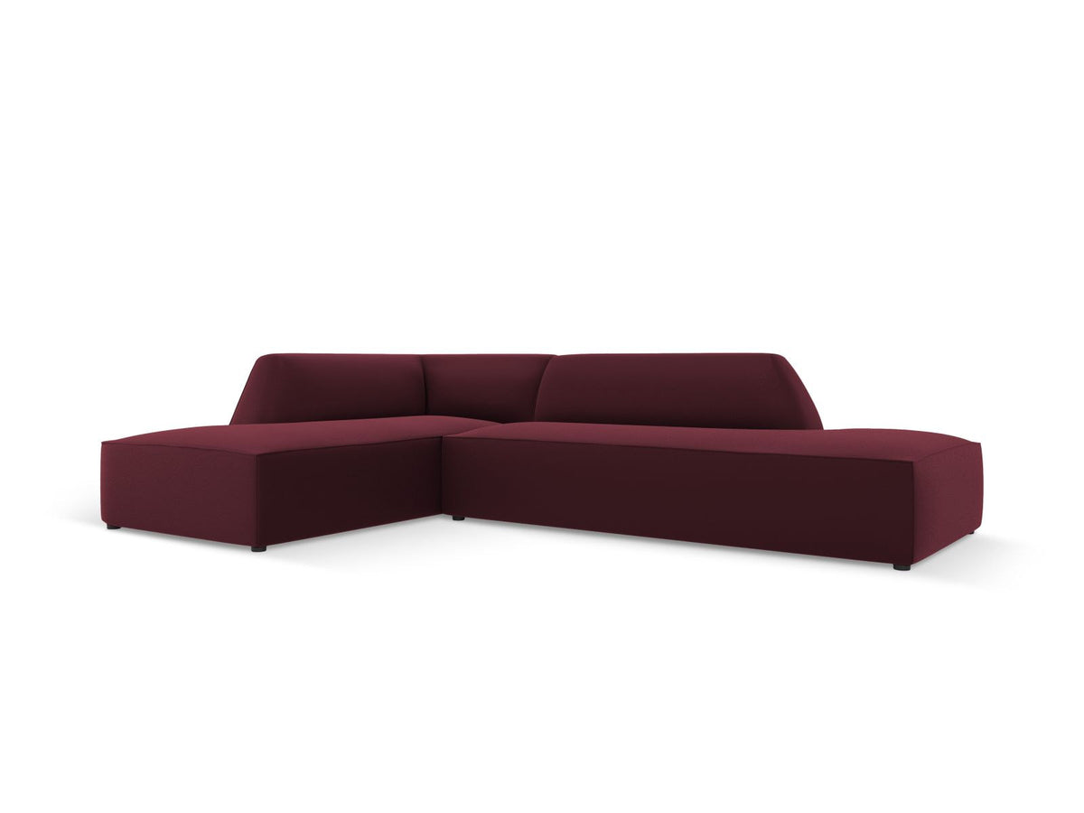 Modulares Ecksofa links Siena in Light Beige mit Kunstleder-ähnlichem Bezug, Récamiere, schwarzen Kunststoffbeinen und schlichter Rückenlehne.