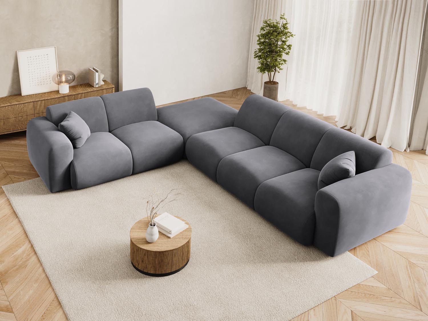 Elegantes Nolio Velour Ecksofa links in Dunkelgrau, 4-Sitzer, 250 cm, ideal für stilvolle Wohnräume, präsentiert von Cosmopolitan Design.