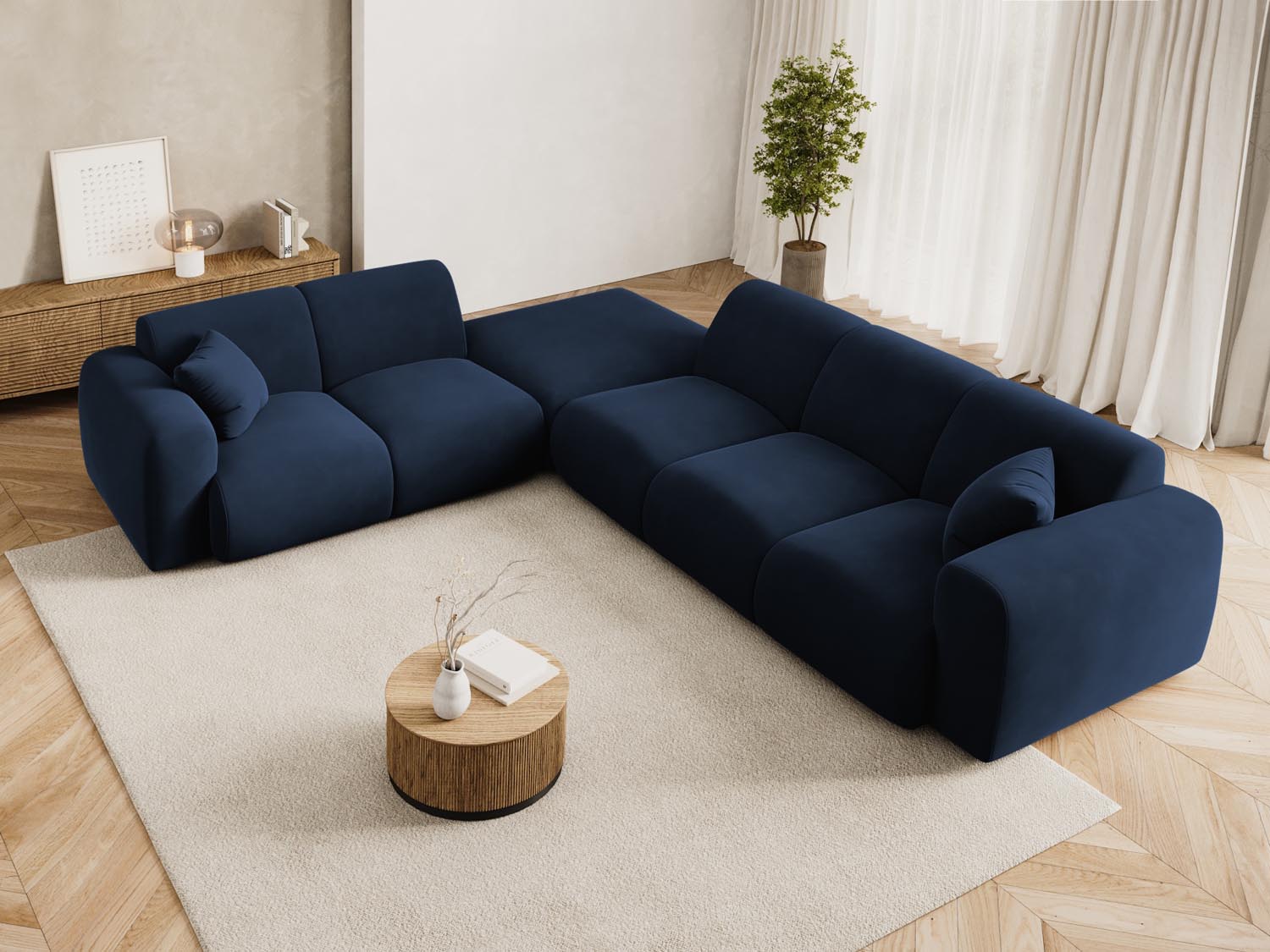 Elegantes Nolio Velour Ecksofa links in Royal Blue, 4-Sitzer, 250 cm, ideal für stilvolle Wohnräume, präsentiert von Cosmopolitan Design.