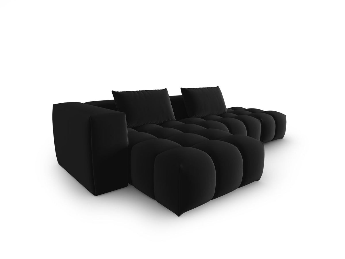 Modulares Ecksofa Verona in Sand-Casino Samt mit Récamiere links, schwarzen Kunststoffbeinen und weicher Velours-Polsterung, 4 Sitzplätze.