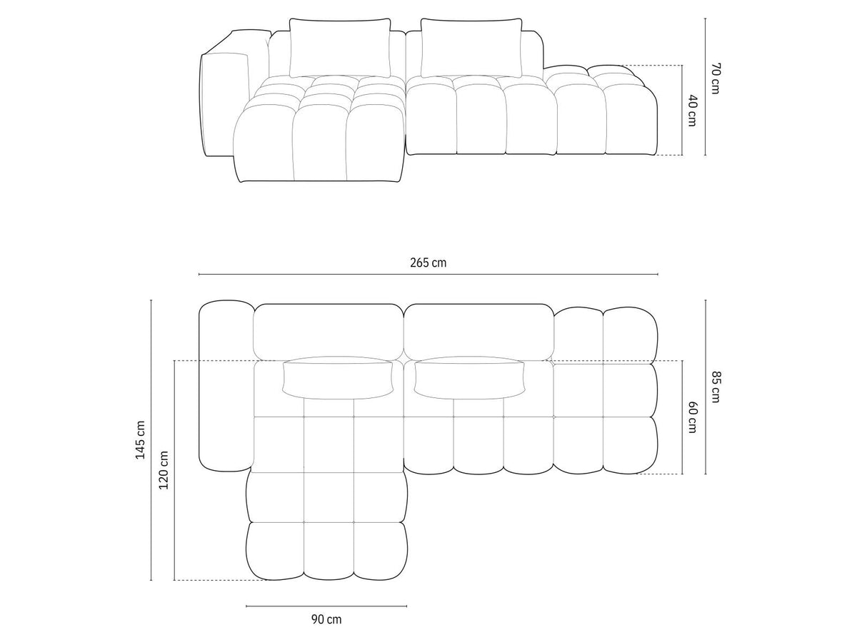 Modulares Ecksofa Verona in Sand-Casino Samt mit Récamiere links, schwarzen Kunststoffbeinen und weicher Velours-Polsterung, 4 Sitzplätze.