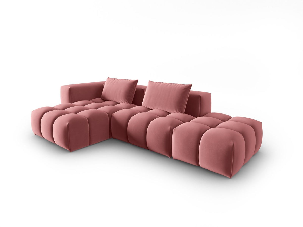 Modulares Ecksofa Verona in Sand-Casino Samt mit Récamiere links, schwarzen Kunststoffbeinen und weicher Velours-Polsterung, 4 Sitzplätze.