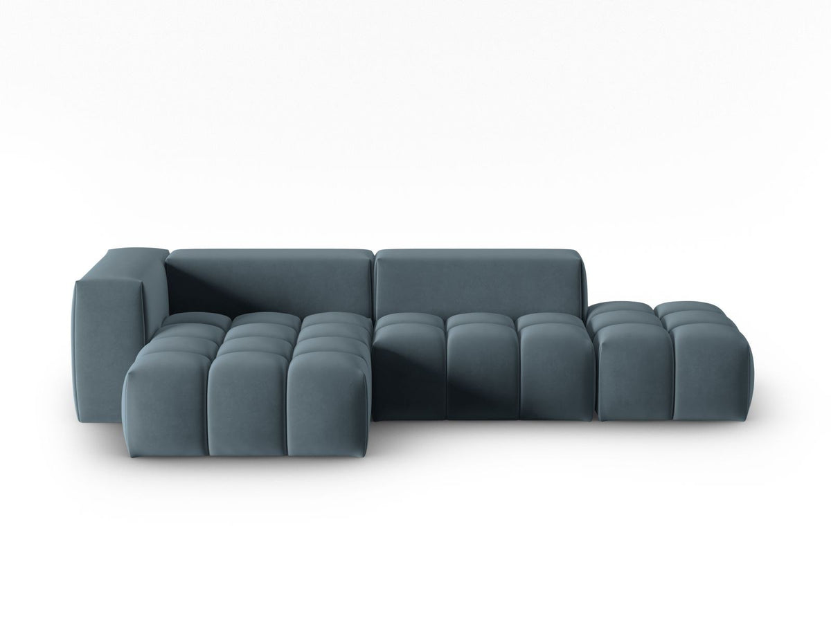 Modulares Ecksofa Verona in Sand-Casino Samt mit Récamiere links, schwarzen Kunststoffbeinen und weicher Velours-Polsterung, 4 Sitzplätze.