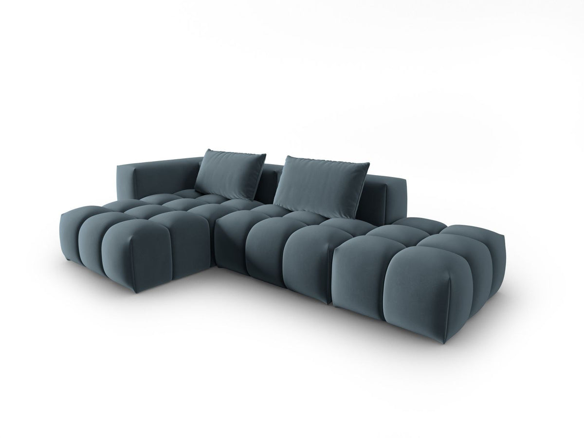 Modulares Ecksofa Verona in Sand-Casino Samt mit Récamiere links, schwarzen Kunststoffbeinen und weicher Velours-Polsterung, 4 Sitzplätze.