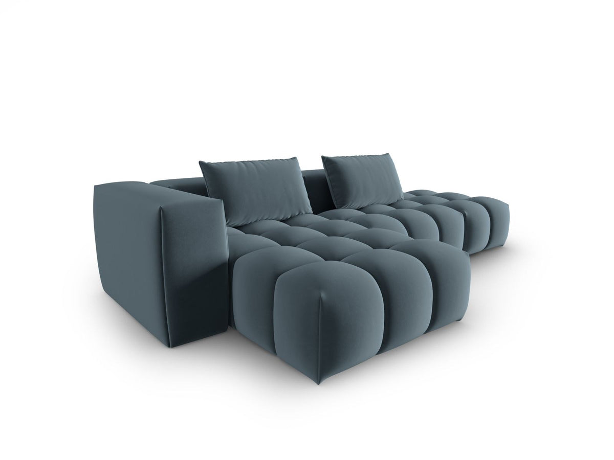 Modulares Ecksofa Verona in Sand-Casino Samt mit Récamiere links, schwarzen Kunststoffbeinen und weicher Velours-Polsterung, 4 Sitzplätze.