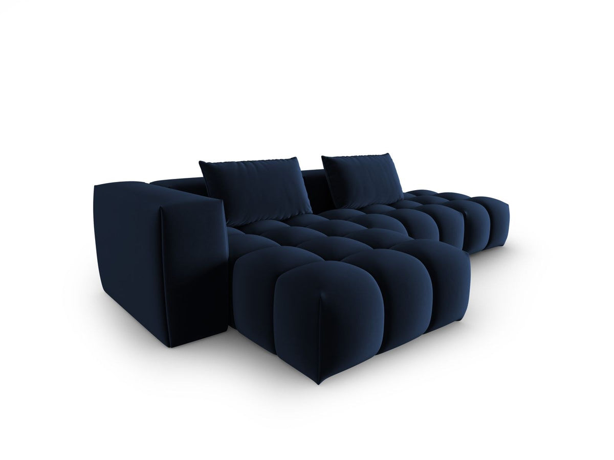 Modulares Ecksofa Verona in Sand-Casino Samt mit Récamiere links, schwarzen Kunststoffbeinen und weicher Velours-Polsterung, 4 Sitzplätze.