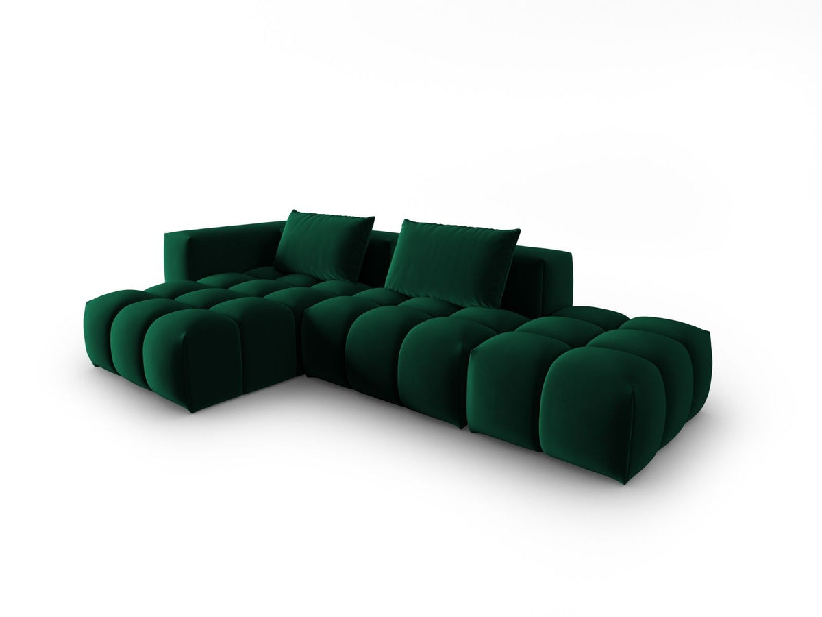 Modulares Ecksofa Verona in Sand-Casino Samt mit Récamiere links, schwarzen Kunststoffbeinen und weicher Velours-Polsterung, 4 Sitzplätze.