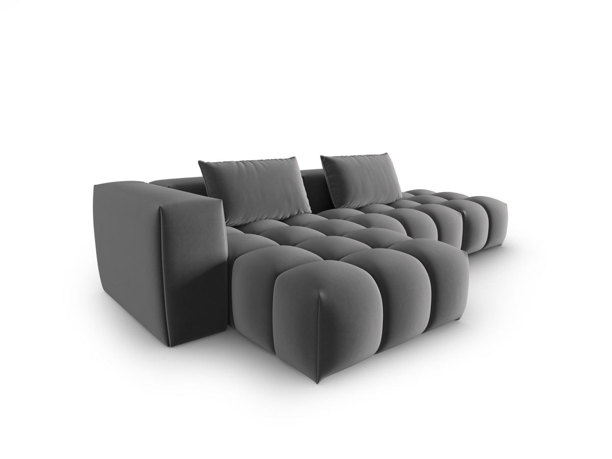 Modulares Ecksofa Verona in Sand-Casino Samt mit Récamiere links, schwarzen Kunststoffbeinen und weicher Velours-Polsterung, 4 Sitzplätze.