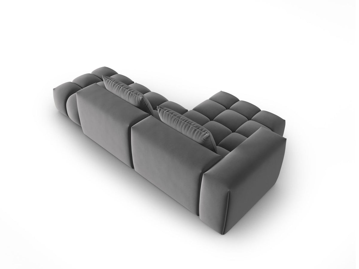Modulares Ecksofa Verona in Sand-Casino Samt mit Récamiere links, schwarzen Kunststoffbeinen und weicher Velours-Polsterung, 4 Sitzplätze.