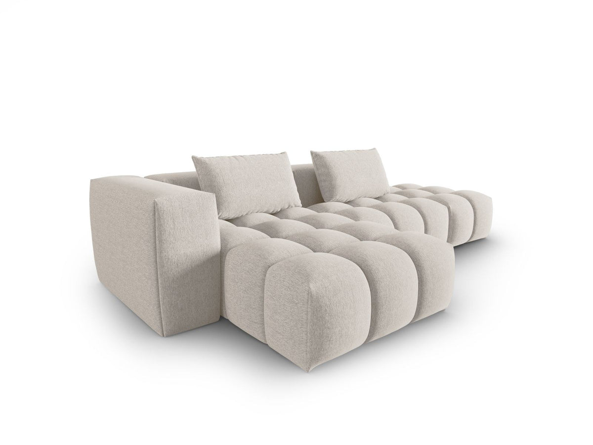 Modulares Ecksofa Verona Links in Beige-Sorella mit Massivholzrahmen, schwarzen Kunststoffbeinen und strukturiertem Tweed-Polsterstoff, 4 Sitzplätze.