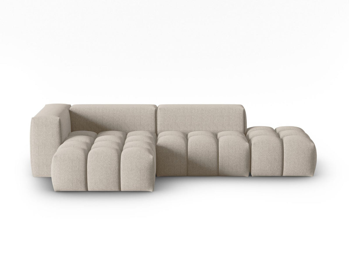 Modulares Ecksofa Verona Links in Beige-Sorella mit Massivholzrahmen, schwarzen Kunststoffbeinen und strukturiertem Tweed-Polsterstoff, 4 Sitzplätze.
