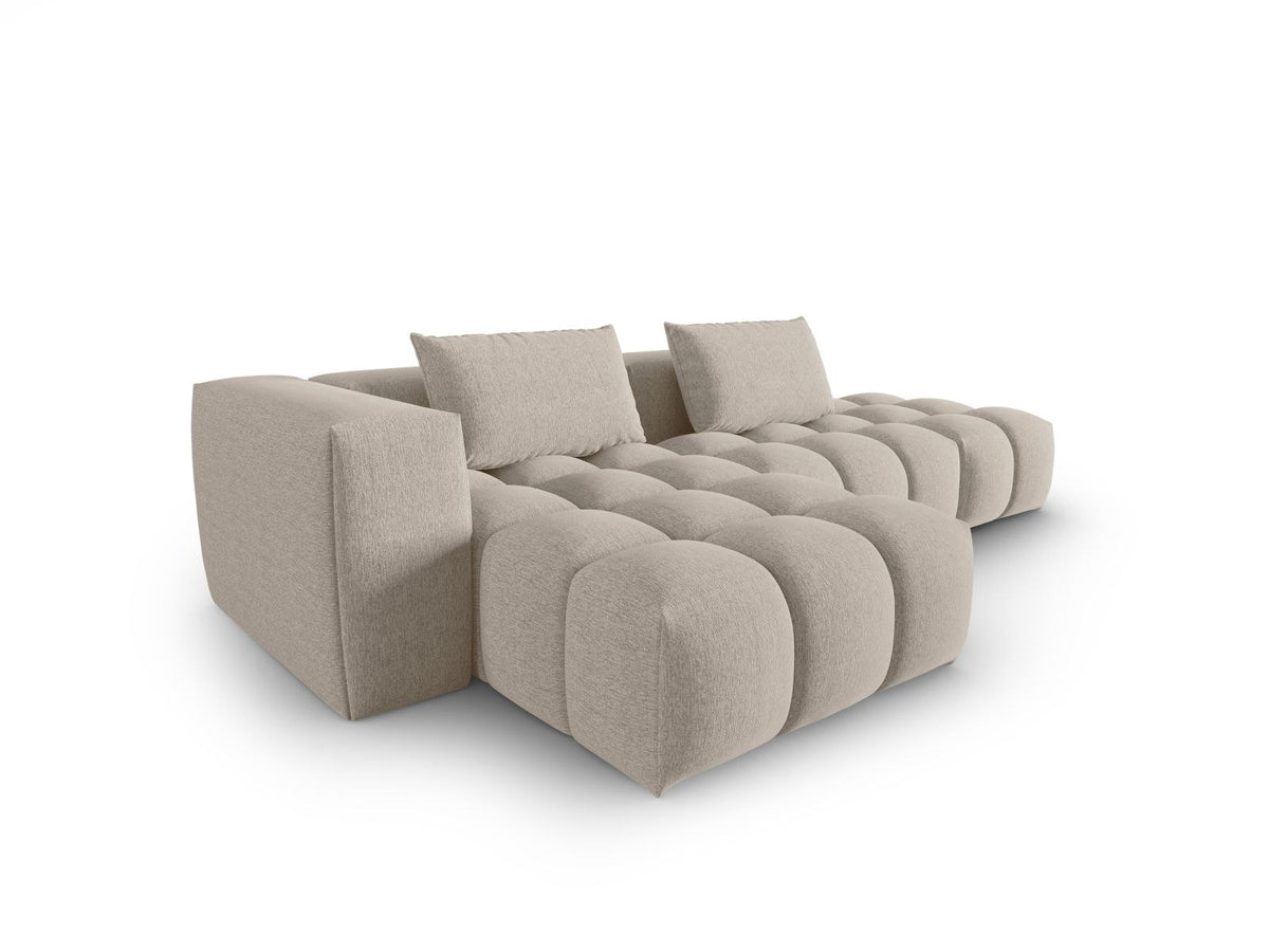 Modulares Ecksofa Verona Links in Beige-Sorella mit Massivholzrahmen, schwarzen Kunststoffbeinen und strukturiertem Tweed-Polsterstoff, 4 Sitzplätze.