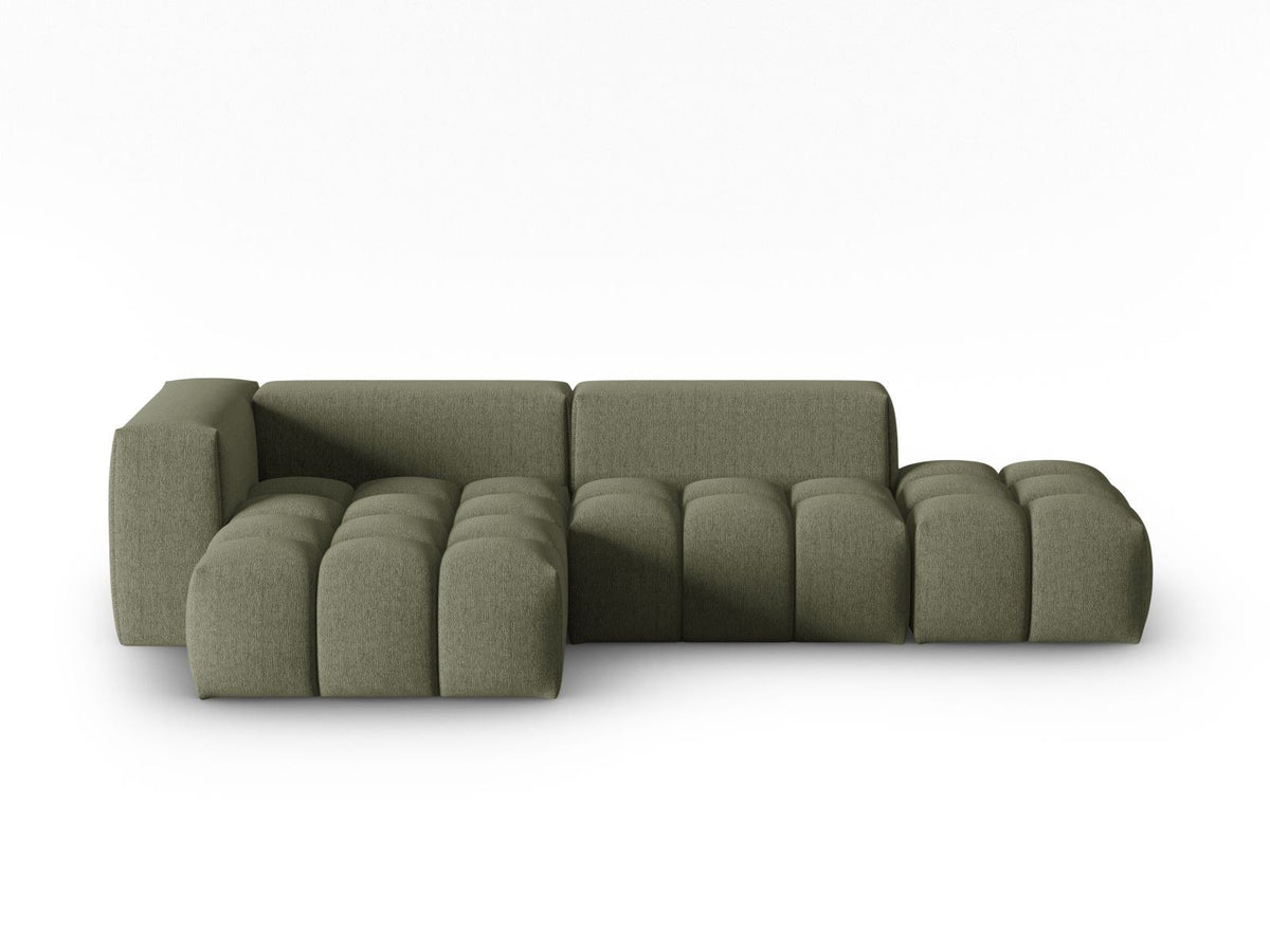 Modulares Ecksofa Verona Links in Beige-Sorella mit Massivholzrahmen, schwarzen Kunststoffbeinen und strukturiertem Tweed-Polsterstoff, 4 Sitzplätze.