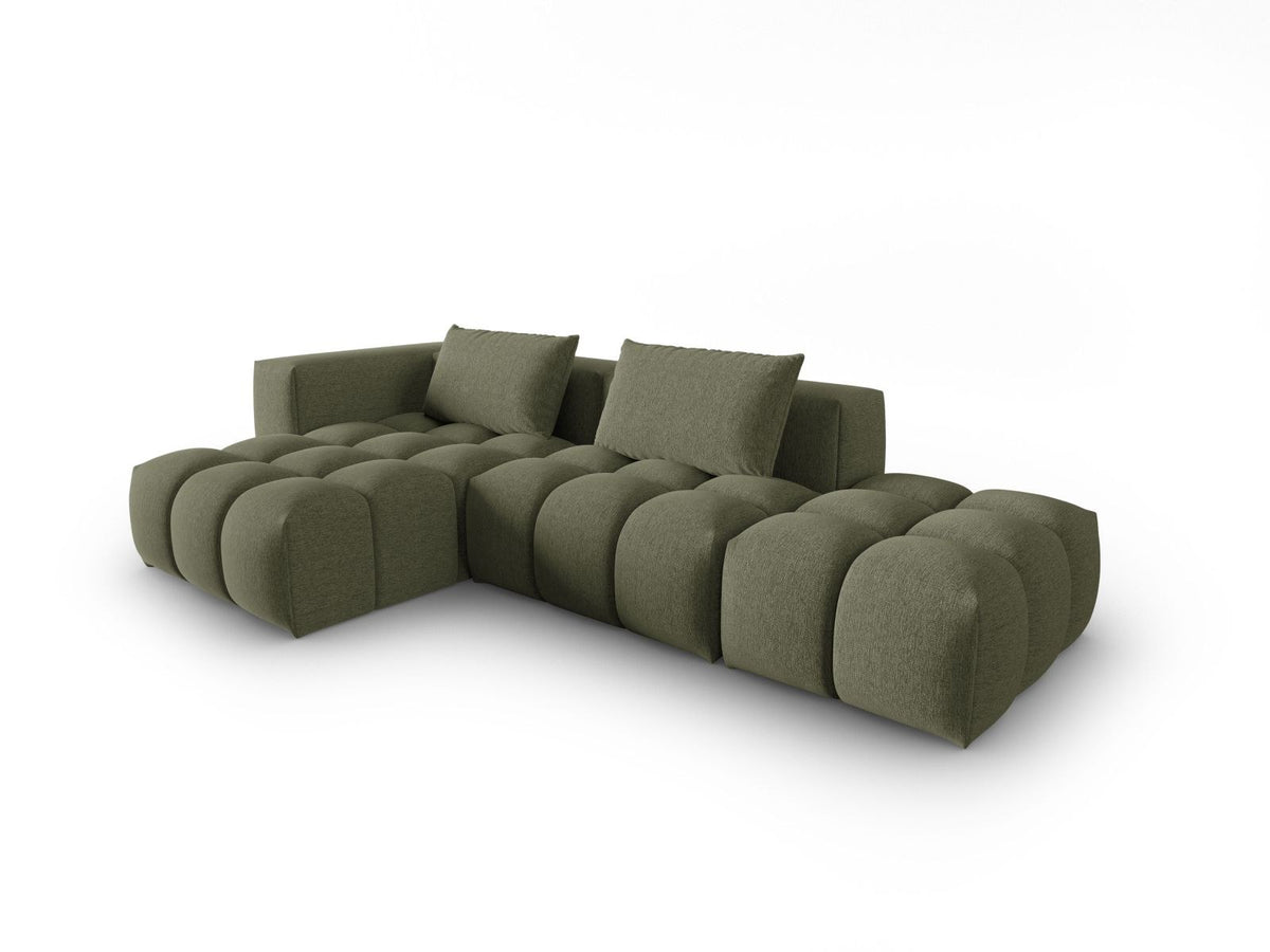 Modulares Ecksofa Verona Links in Beige-Sorella mit Massivholzrahmen, schwarzen Kunststoffbeinen und strukturiertem Tweed-Polsterstoff, 4 Sitzplätze.