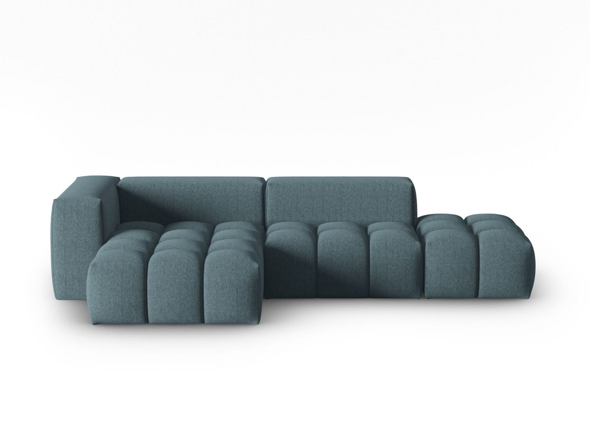 Modulares Ecksofa Verona Links in Beige-Sorella mit Massivholzrahmen, schwarzen Kunststoffbeinen und strukturiertem Tweed-Polsterstoff, 4 Sitzplätze.