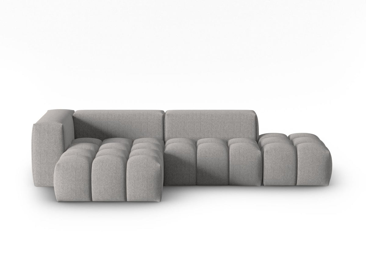 Modulares Ecksofa Verona Links in Beige-Sorella mit Massivholzrahmen, schwarzen Kunststoffbeinen und strukturiertem Tweed-Polsterstoff, 4 Sitzplätze.